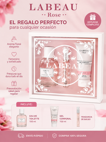 Estuche Labeau Rosa Completo con Eau de Toilette 100 ml + Gel Corporal 100 ml + Fragancia de Bolso